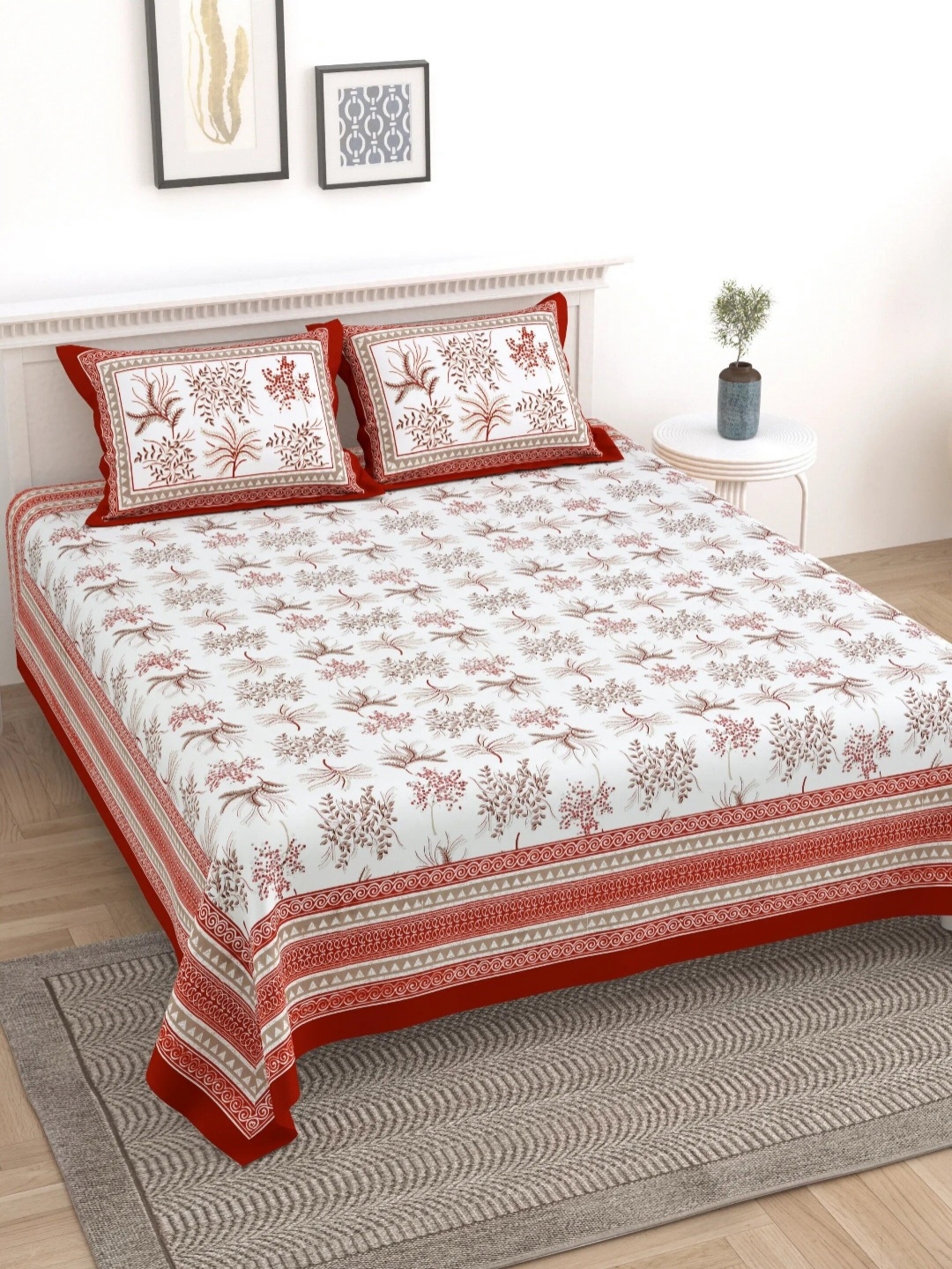 

LIVING ROOTS Block Jaal White Floral Pure Cotton 250 TC King Bedsheet Set-2.28 m x 2.64 m