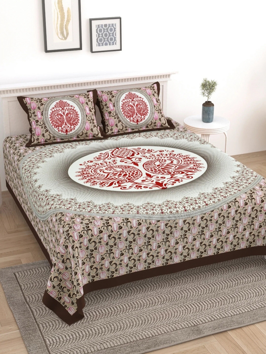 

LIVING ROOTS Block Jaal Brown Floral Pure Cotton 250 TC King Bedsheet Set-2.28 m x 2.64 m