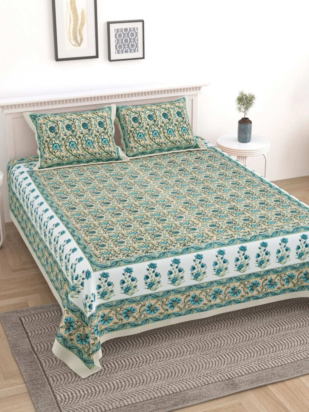 

LIVING ROOTS Block Jaal Green Floral Pure Cotton 250 TC King Bedsheet Set-2.28 m x 2.64 m