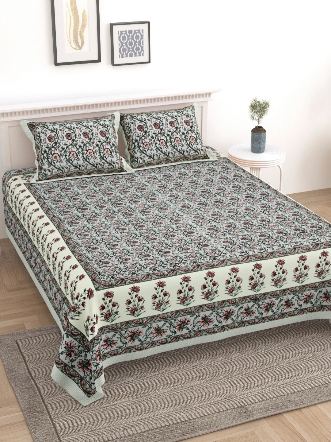 

LIVING ROOTS Block Jaal Grey Floral Pure Cotton 250 TC King Bedsheet Set-2.28 m x 2.64 m