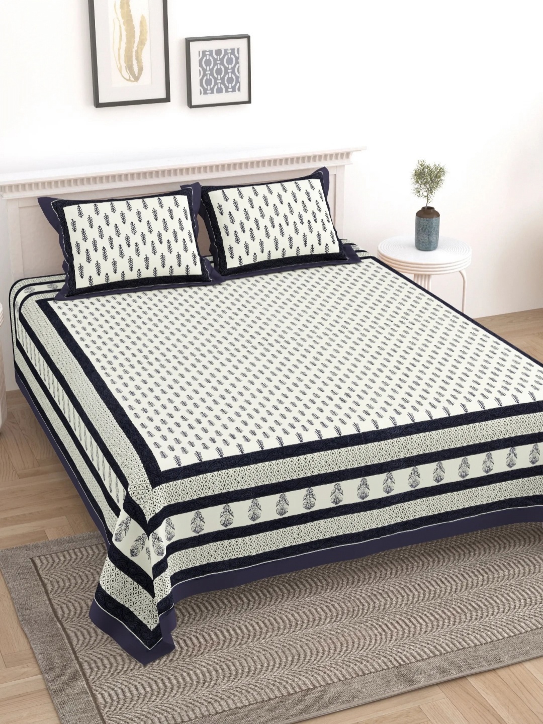 LIVING ROOTS Block Jaal Blue Floral Pure Cotton 250 TC King Bedsheet Set-2.28 m x 2.64 m