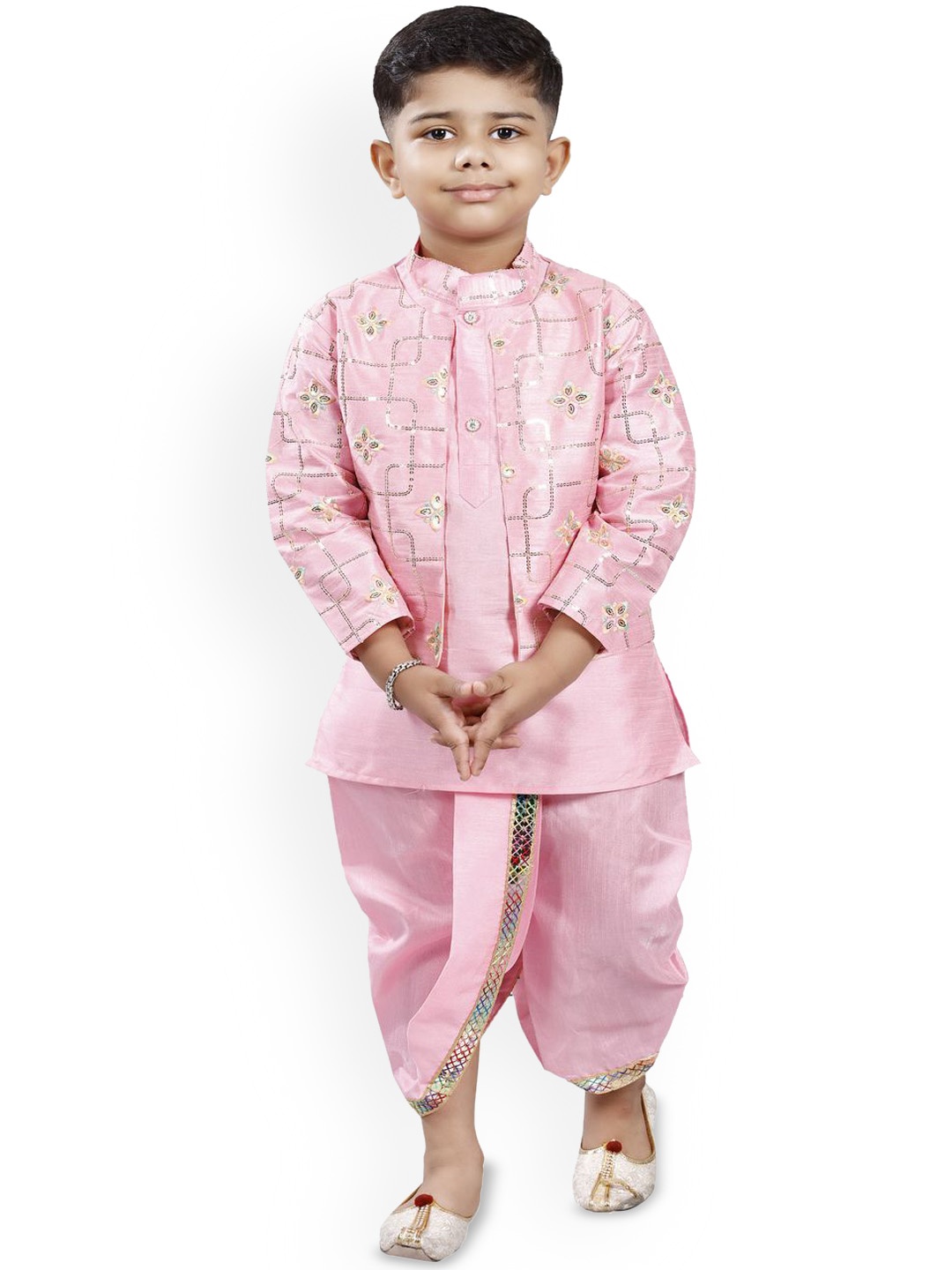 

BAESD Boys Regular Sequinned Mandarin Collar Kurta with Dhoti Pants & Jacket, Pink