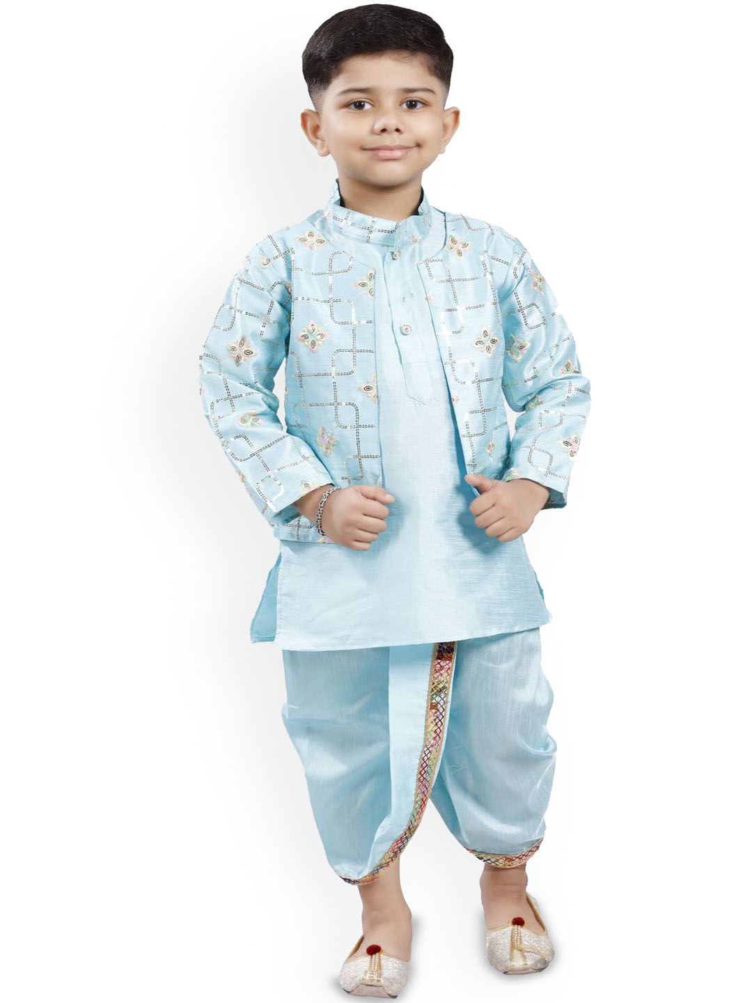 

BAESD Boys Mandarin Collar Kurta with Dhoti Pants & Jacket, Blue