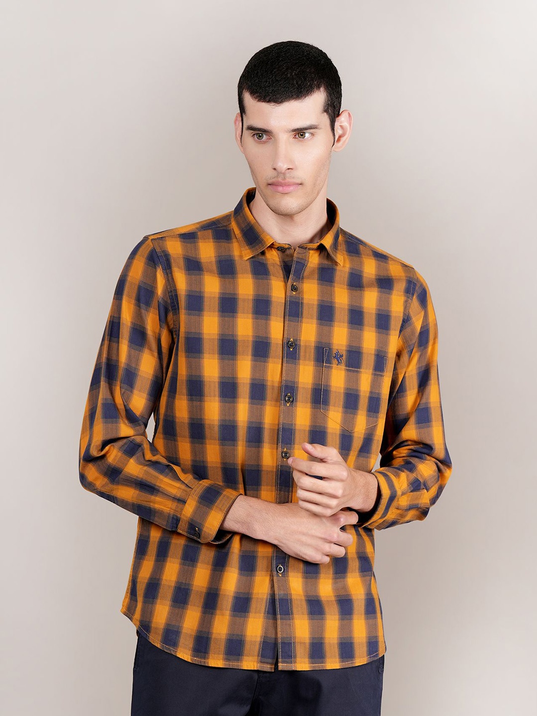 

Cantabil Men Spread Collar Tartan Checked Cotton Casual Shirt, Mustard