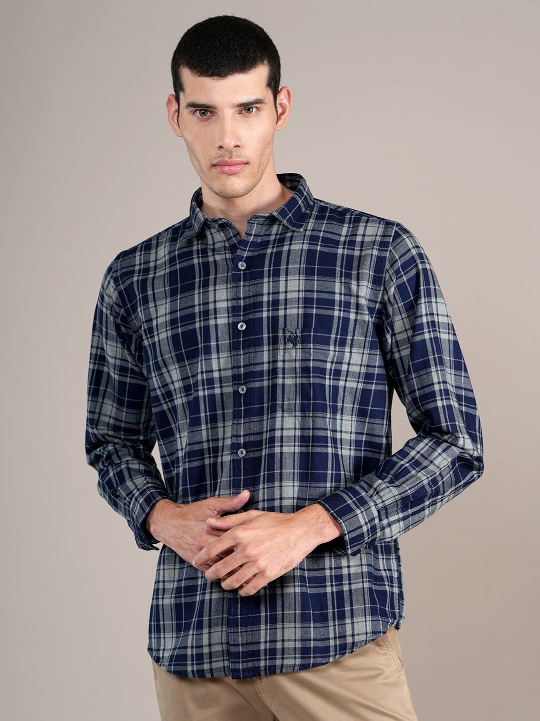 

Cantabil Men Spread Collar Tartan Checked Cotton Casual Shirt, Navy blue