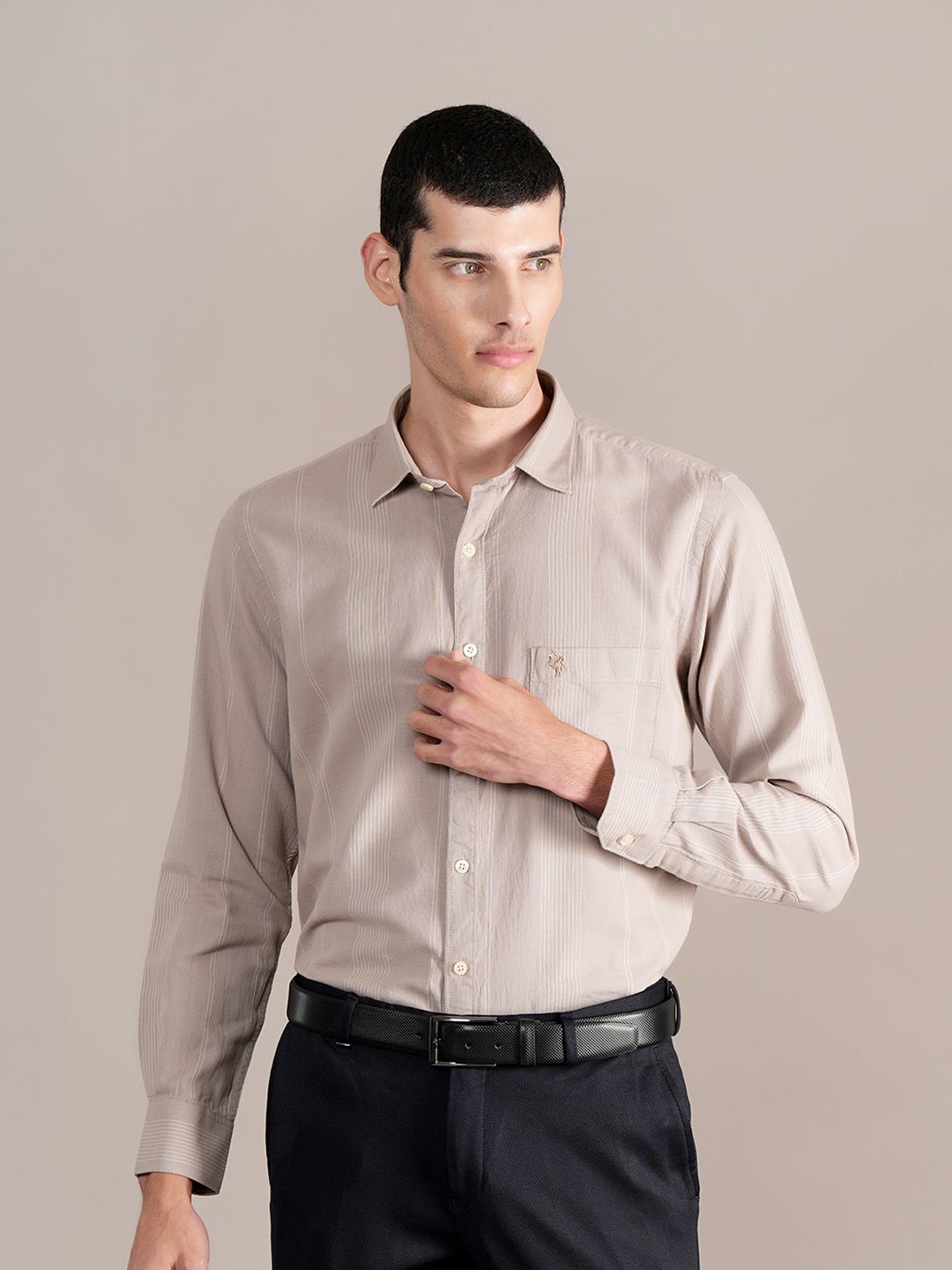 

Cantabil Men Spread Collar Vertical Striped Cotton Formal Shirt, Brown