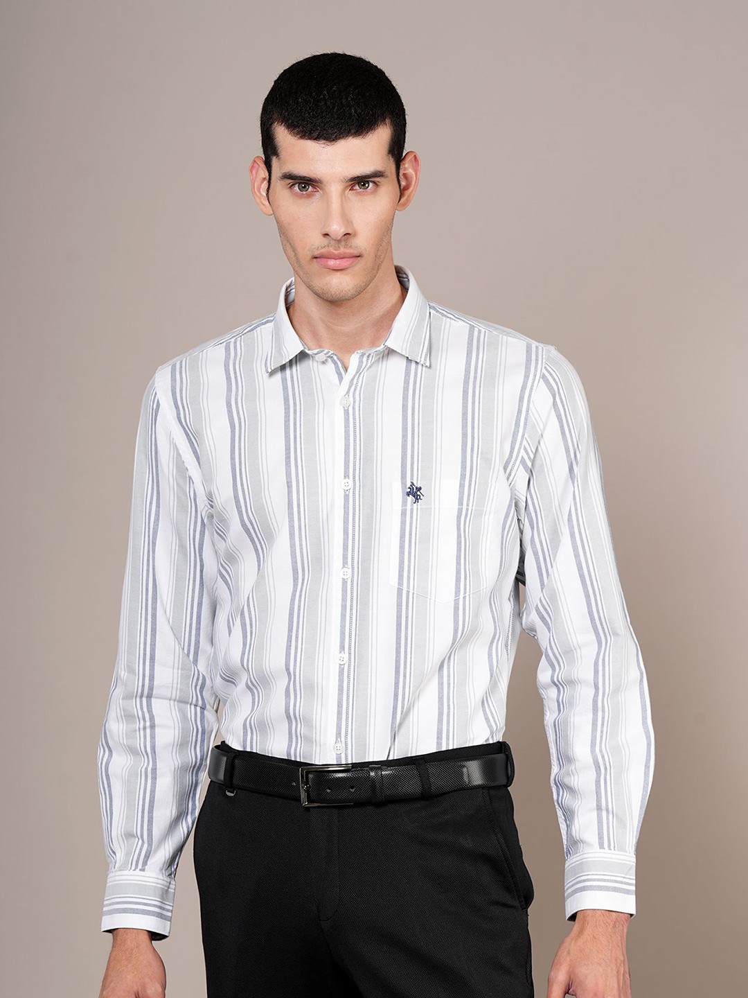 

Cantabil Men Spread Collar Vertical Striped Cotton Formal Shirt, White