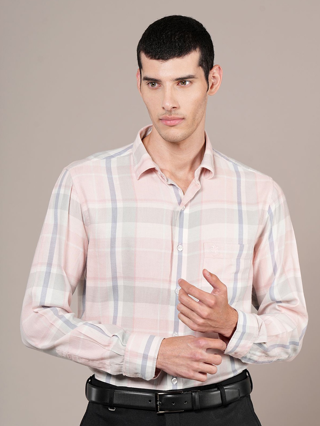 

Cantabil Men Spread Collar Tartan Checked Cotton Casual Shirt, Pink