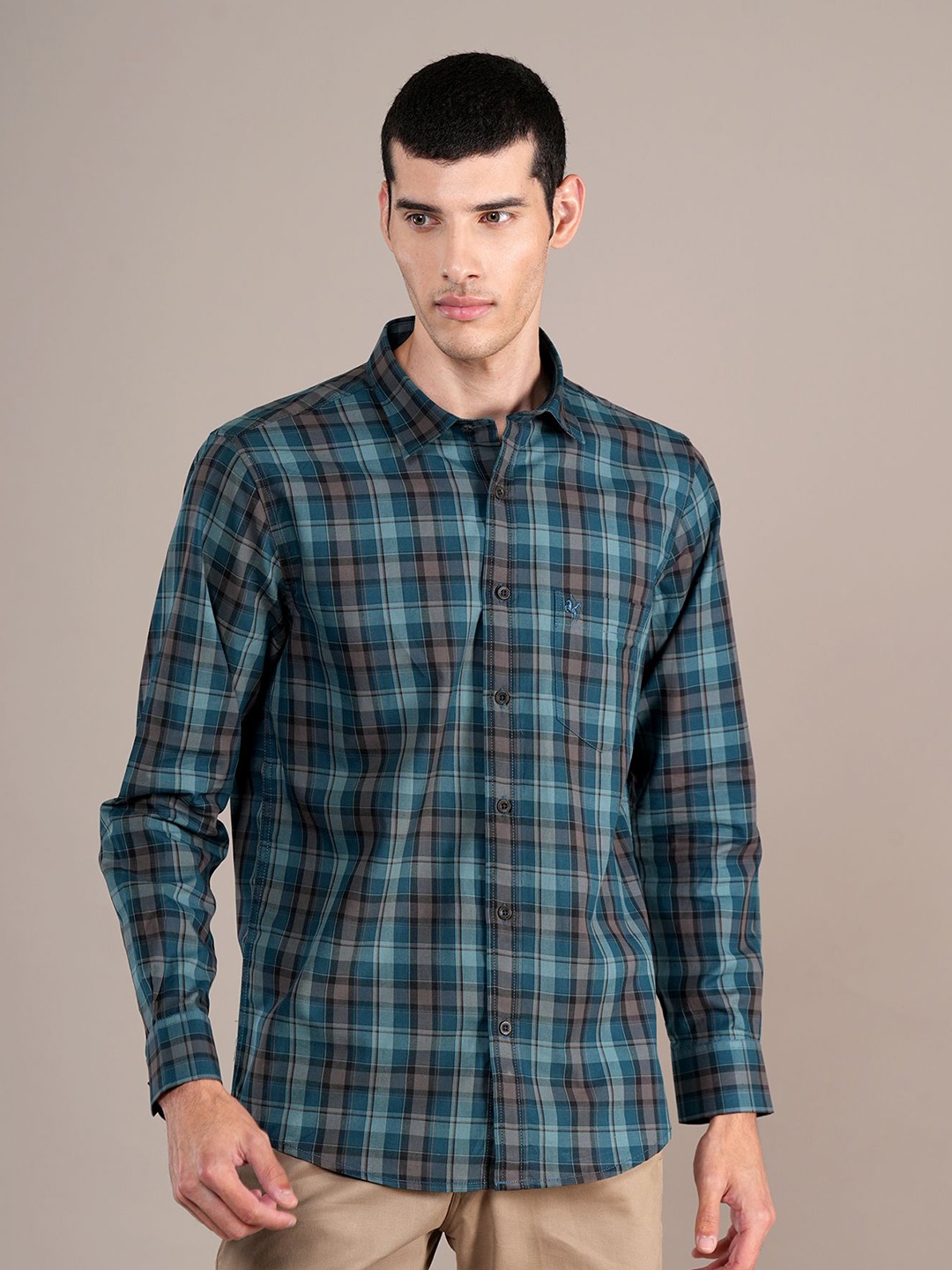 

Cantabil Men Spread Collar Tartan Checked Cotton Casual Shirt, Teal