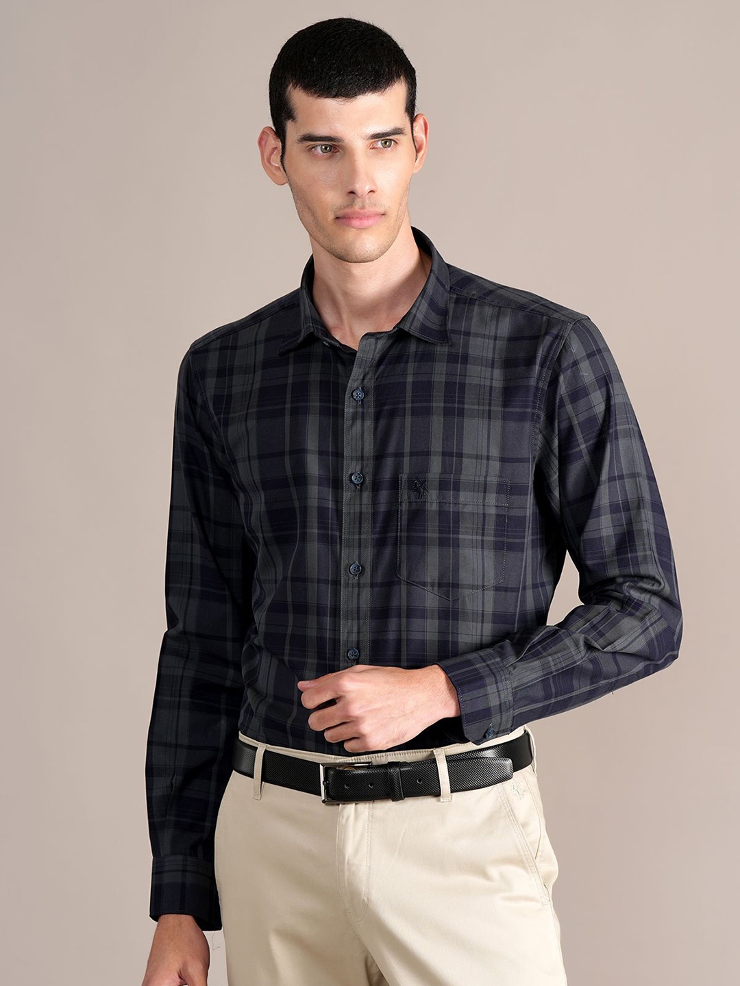 

Cantabil Men Spread Collar Tartan Checked Cotton Casual Shirt, Navy blue