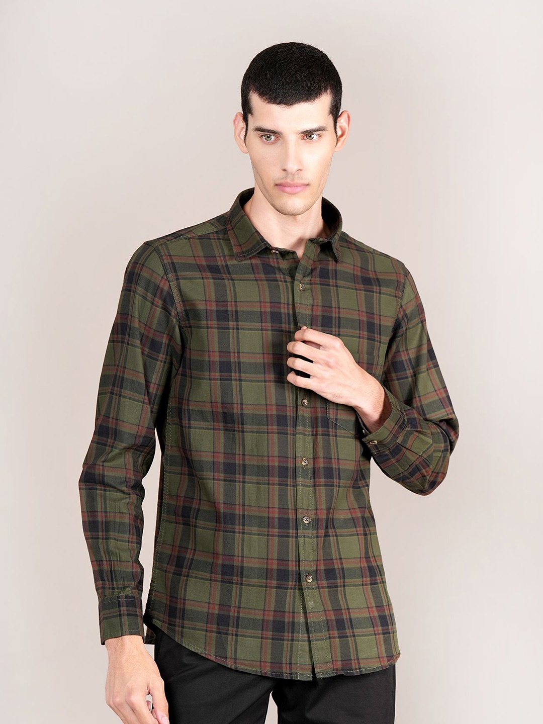 

Cantabil Men Spread Collar Tartan Checked Cotton Casual Shirt, Olive