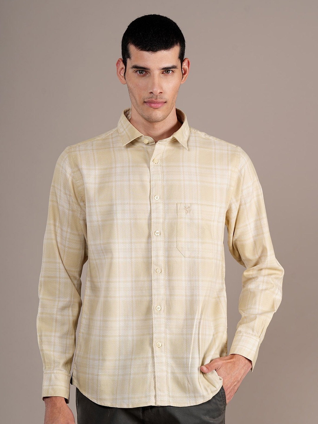 

Cantabil Men Spread Collar Tartan Checked Cotton Casual Shirt, Yellow