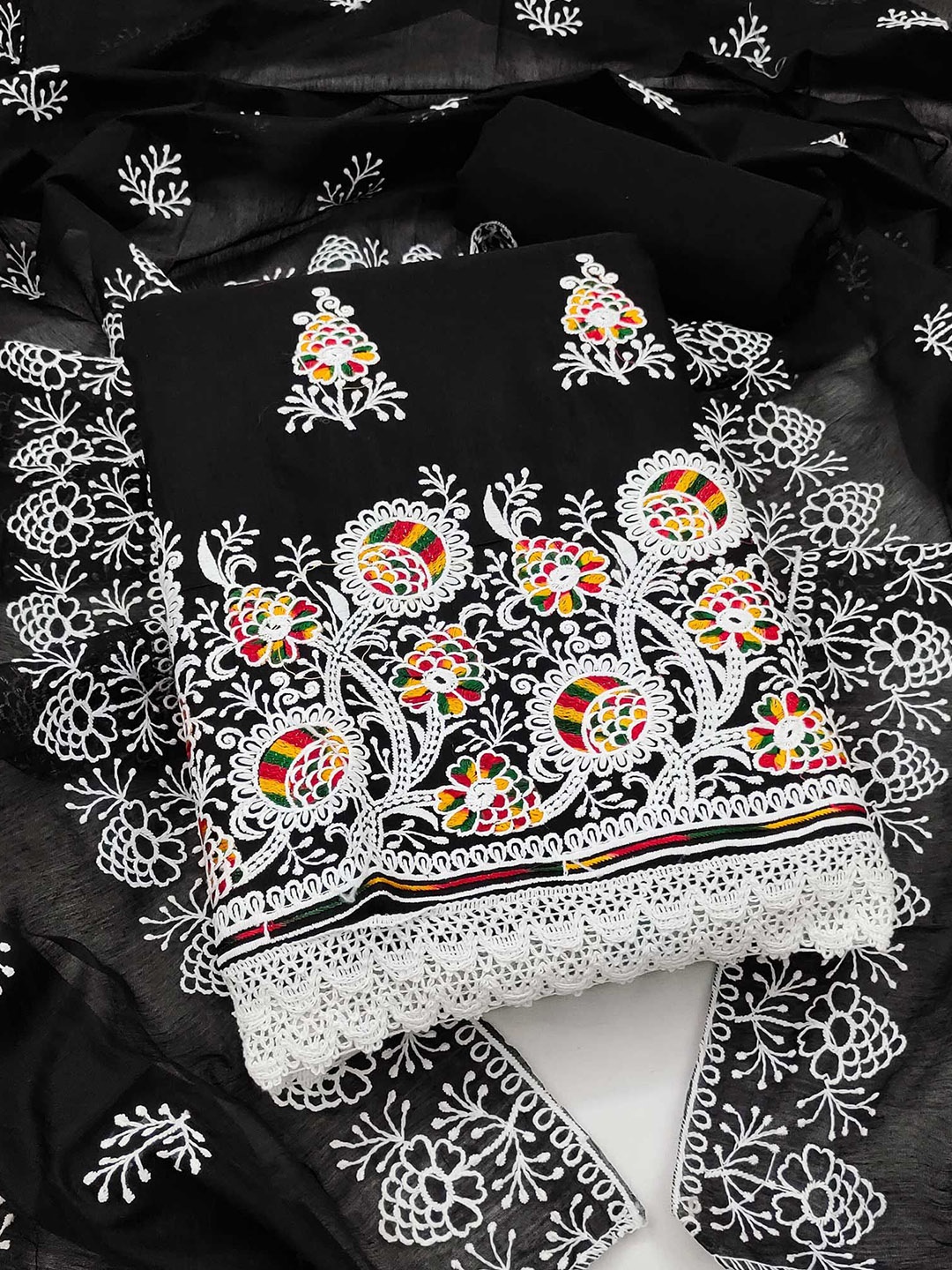 

Peachmode Floral Embroidered Chanderi Cotton Unstitched Dress Material, Black