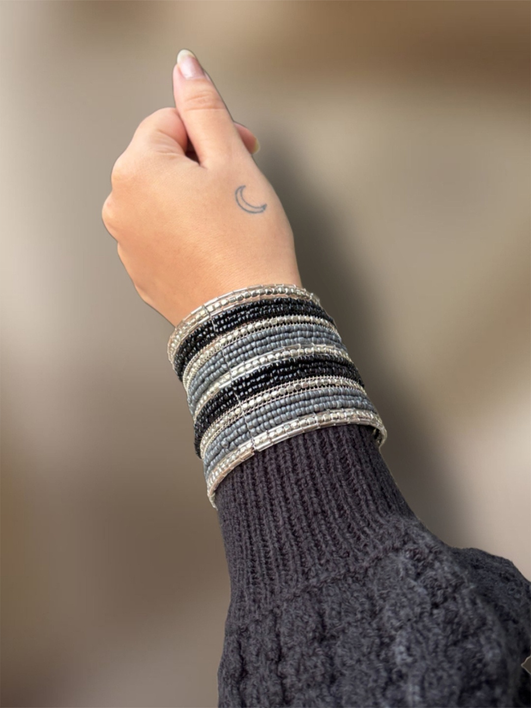 

UnfoldSelf Silver-Plated Beaded Tribal Adjustable Bangle