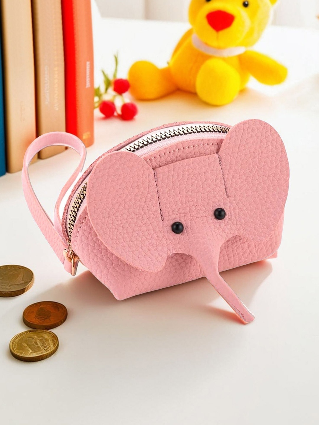 

Tinker Squad Elephant Leather Peach Cute Coin Wallet with Keyring Holder, Pink