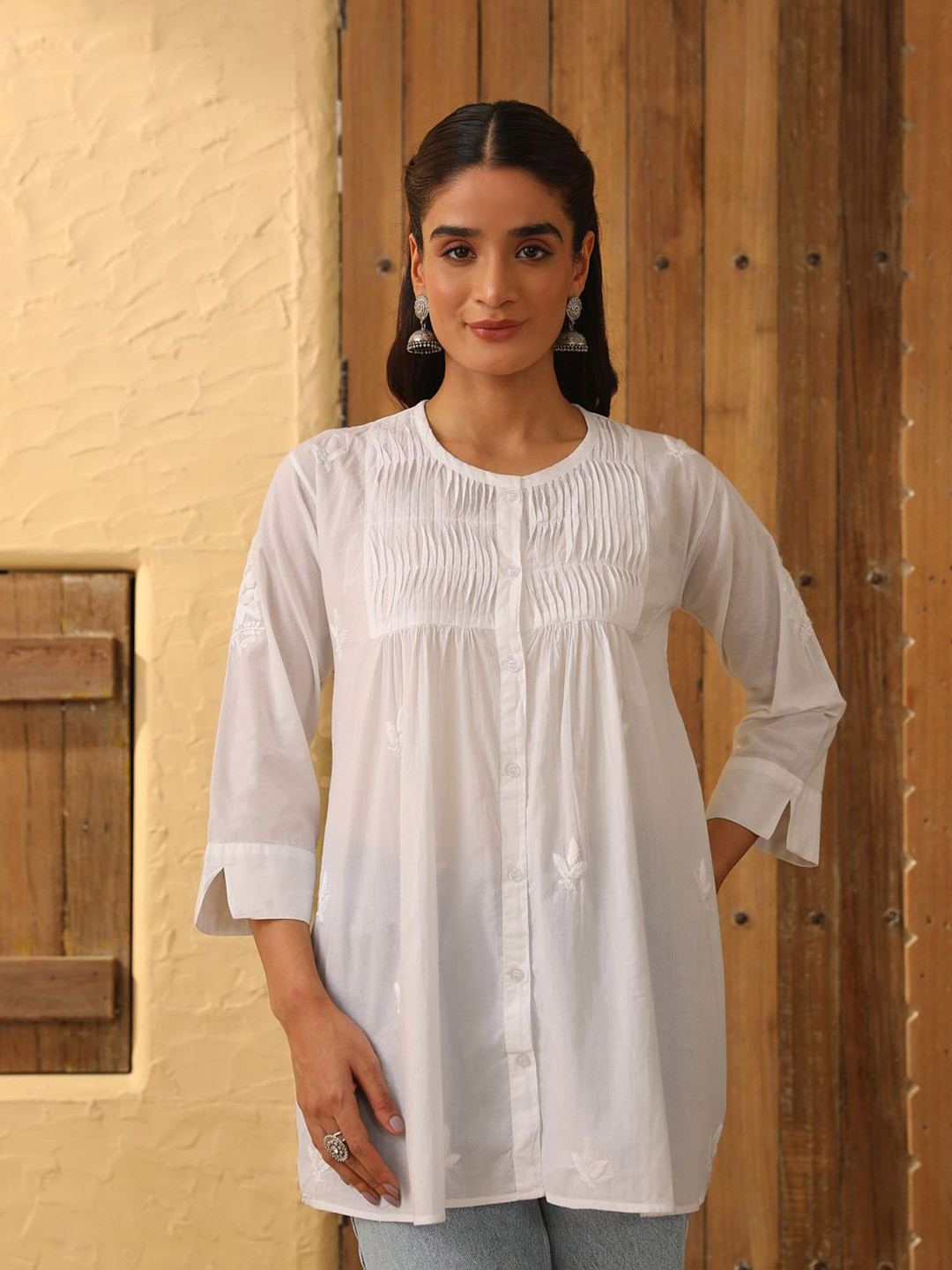 

House of Chikankari Chikankari Woven Top, White