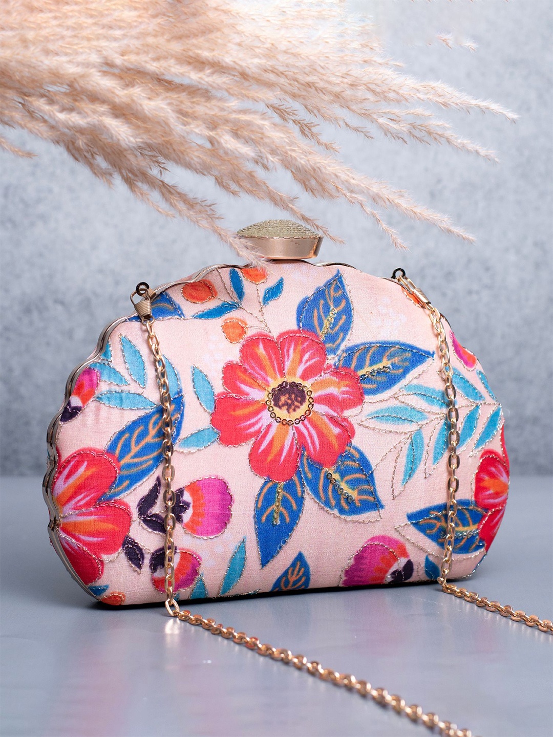 

ARTKLIM Floral Zari Embroidered Embellished Box Clutch, Pink