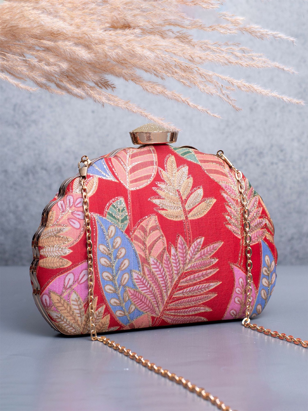 

ARTKLIM Floral Zari Embroidered Box Clutch, Red