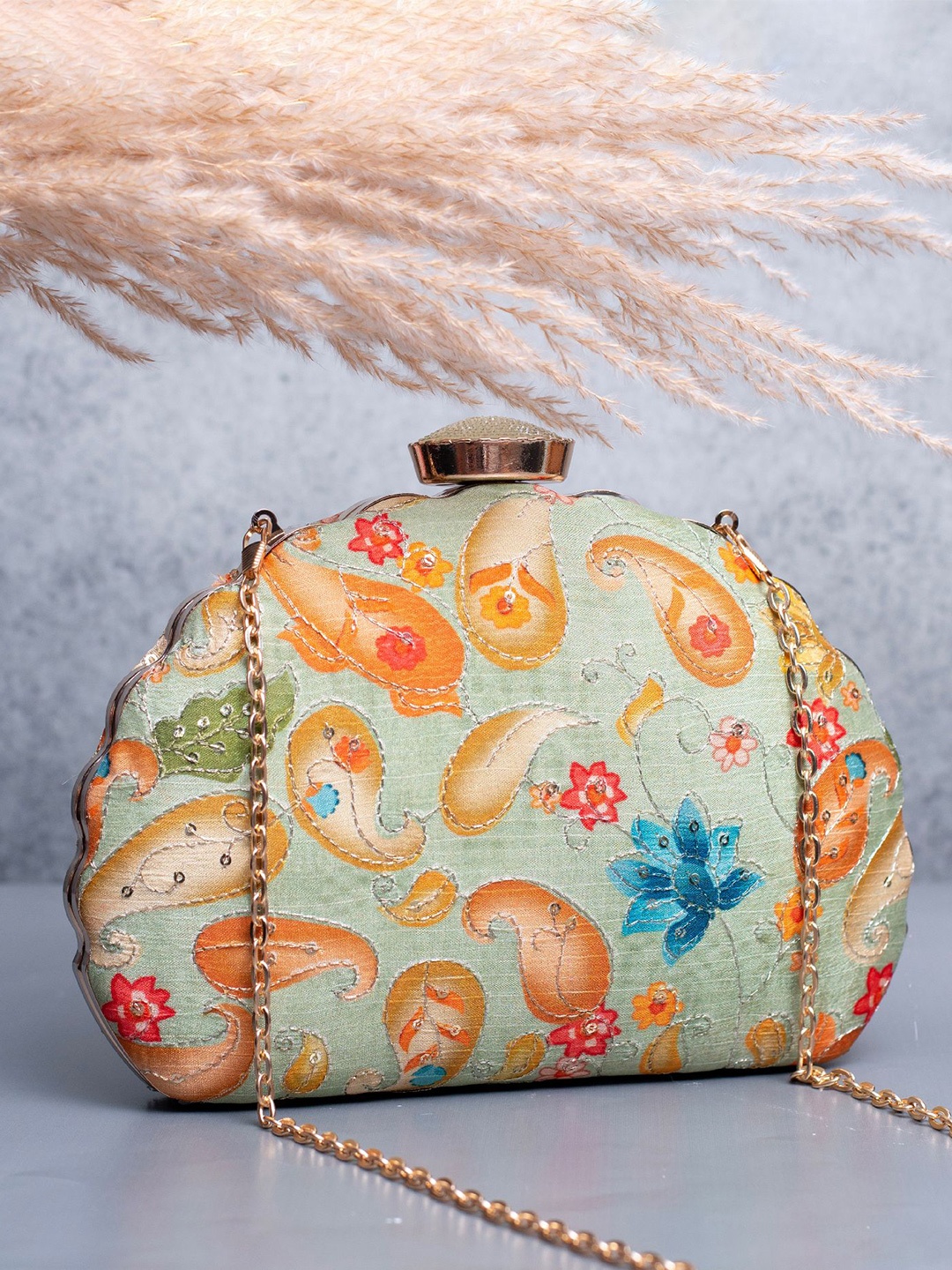 

ARTKLIM Ethnic Motifs Embroidered Box Clutch, Green