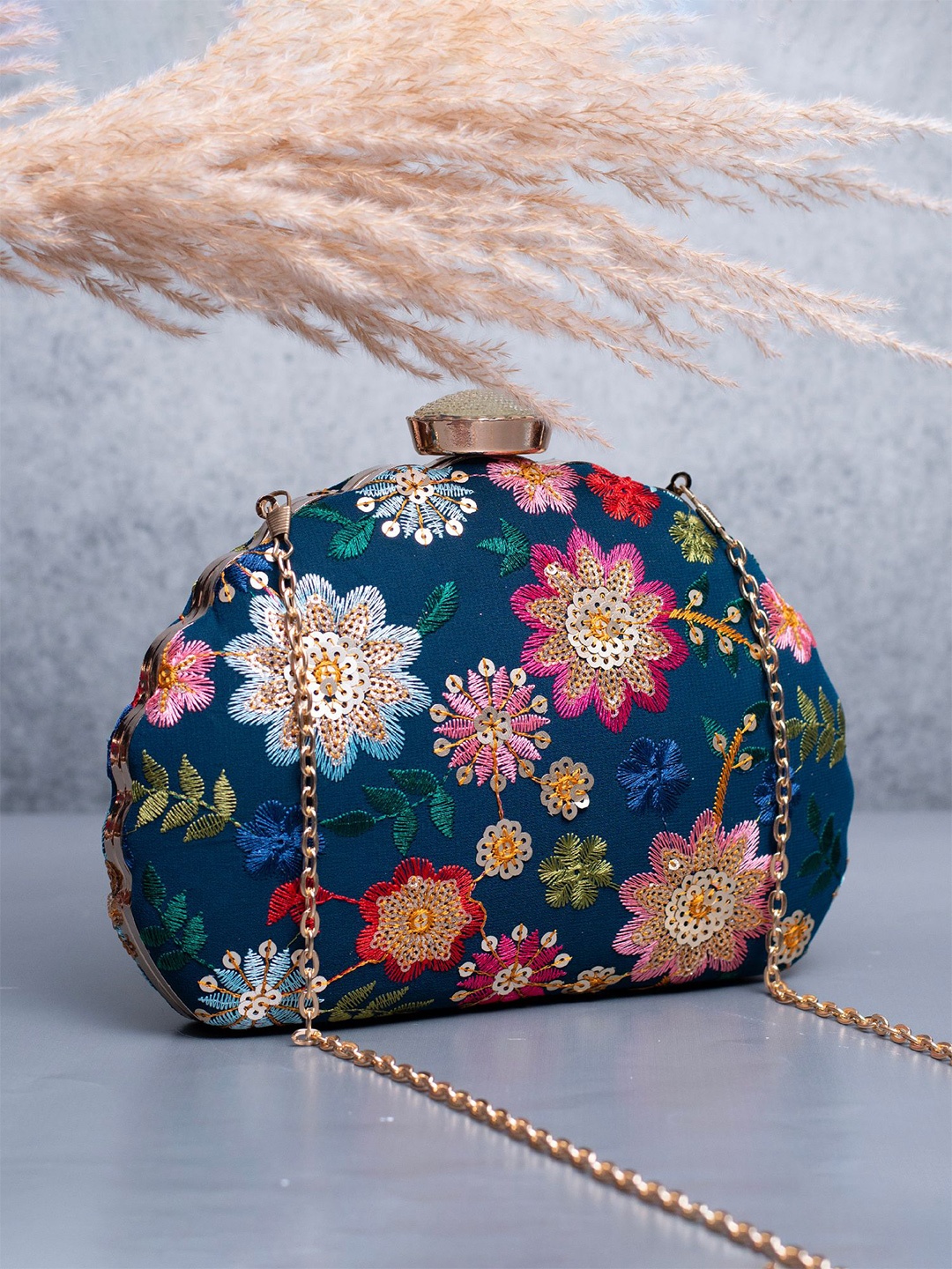 

ARTKLIM Floral Embroidered Box Clutch, Blue