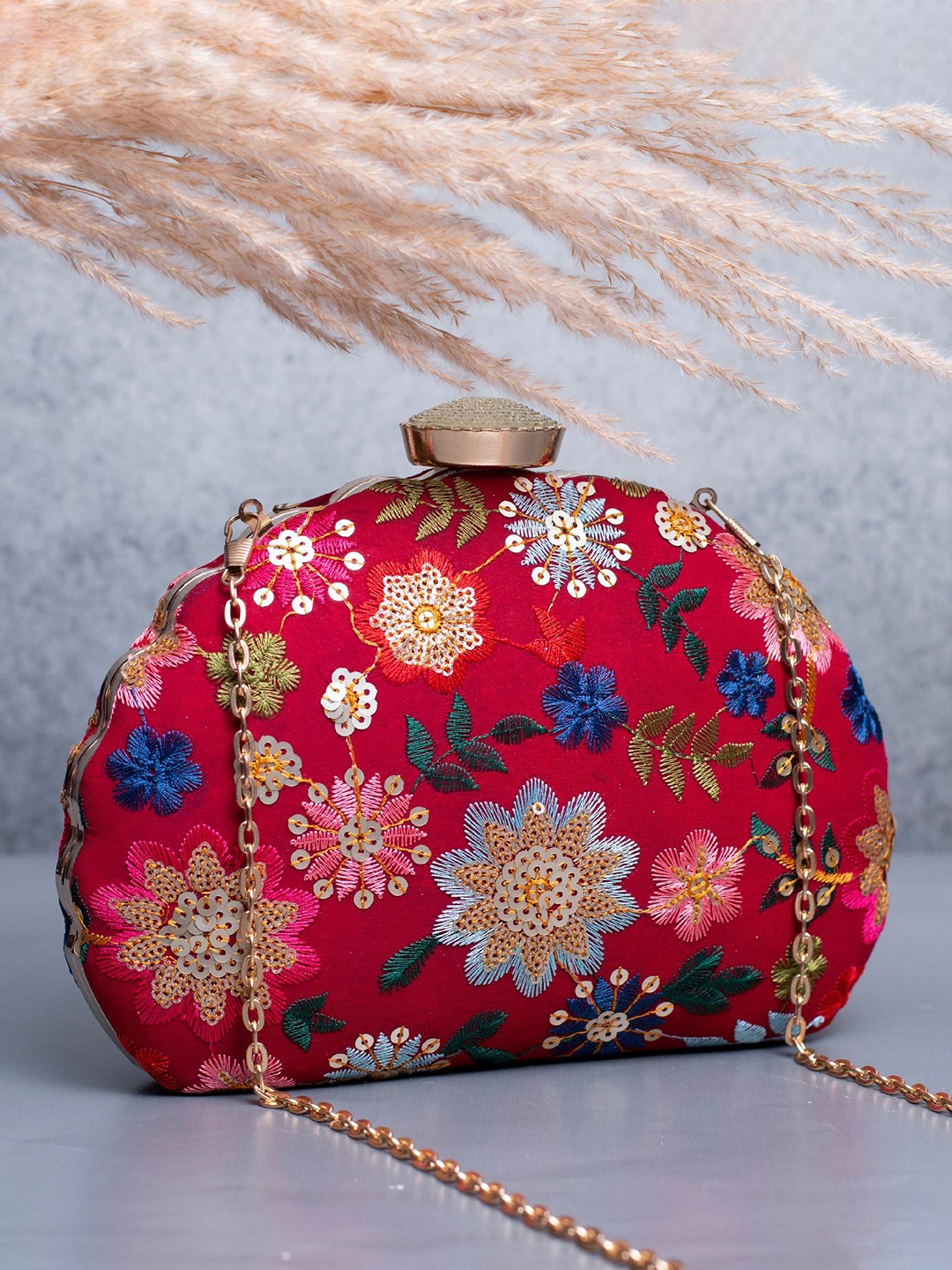 

ARTKLIM Floral Embroidered Box Clutch, Red