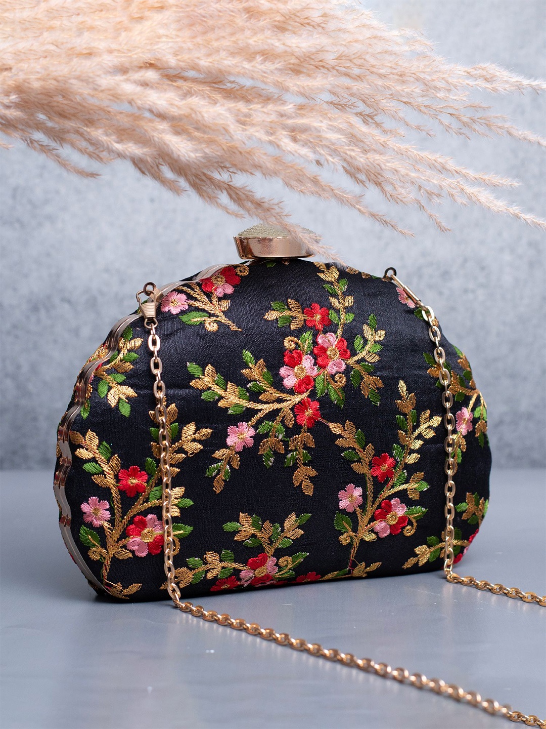 

ARTKLIM Floral Embroidered Box Clutch, Black