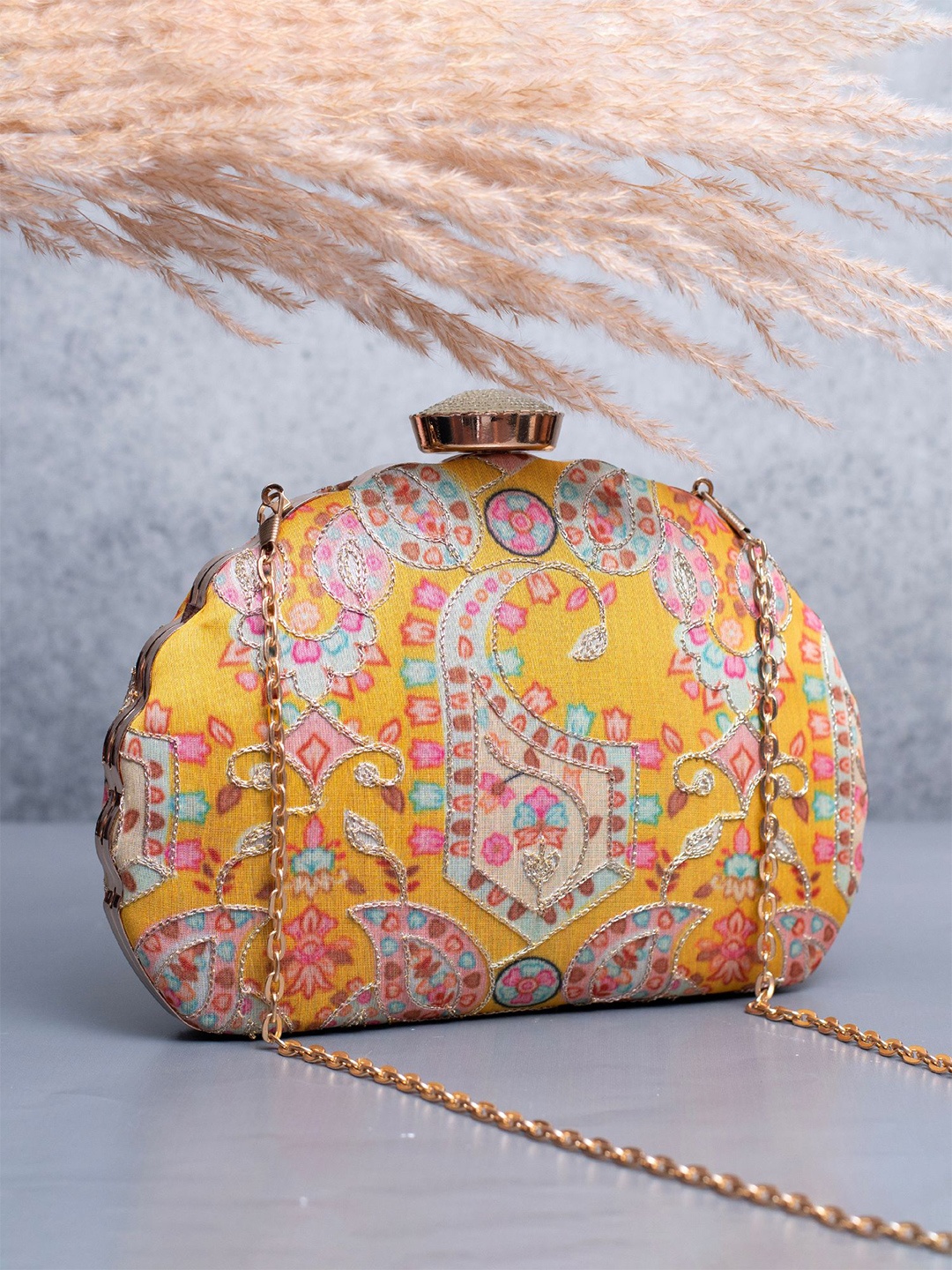 

ARTKLIM Ethnic Motifs Zari Embroidered Embellished Box Clutch, Yellow
