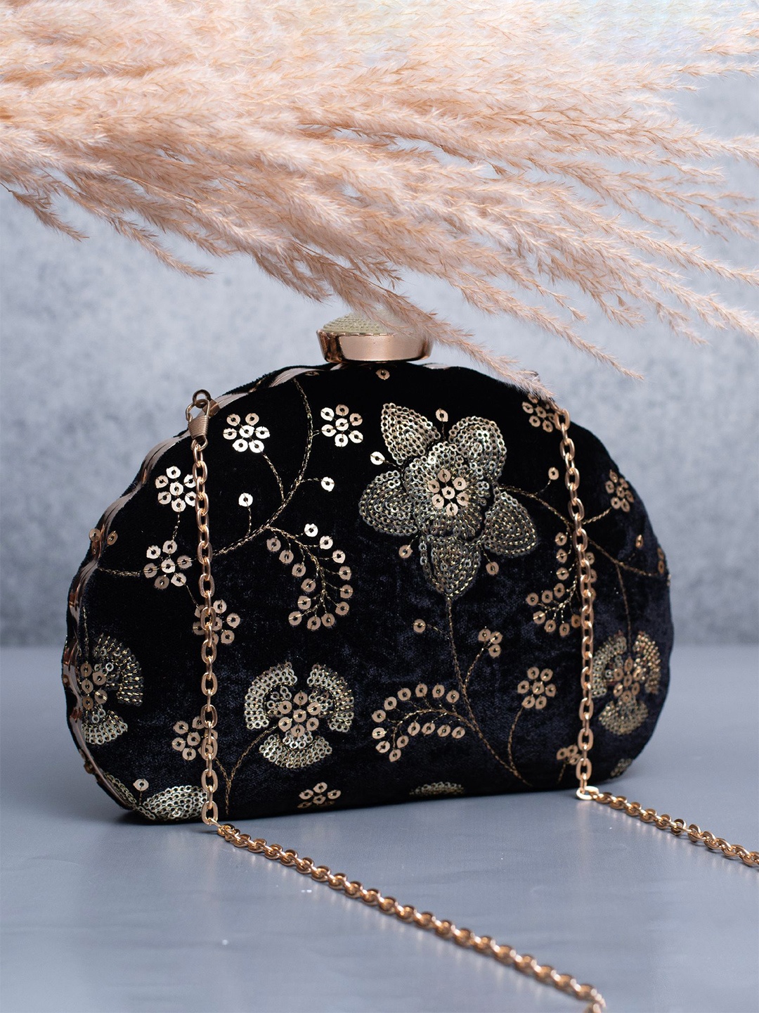 

ARTKLIM Floral Sequins Embroidered Box Clutch, Black