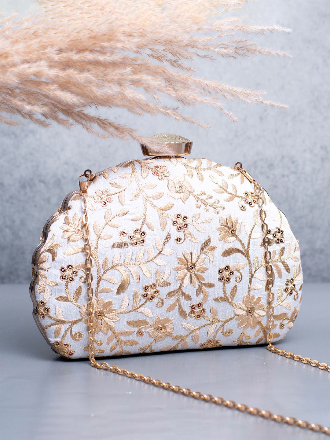 

ARTKLIM Floral Embroidered Box Clutch, White