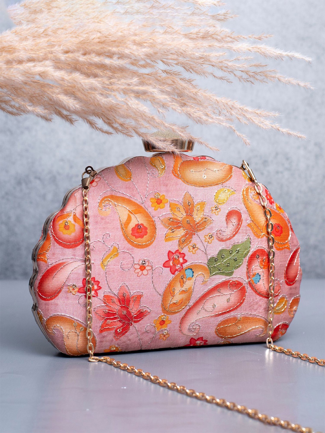 

ARTKLIM Floral Embroidered Box Clutch, Pink