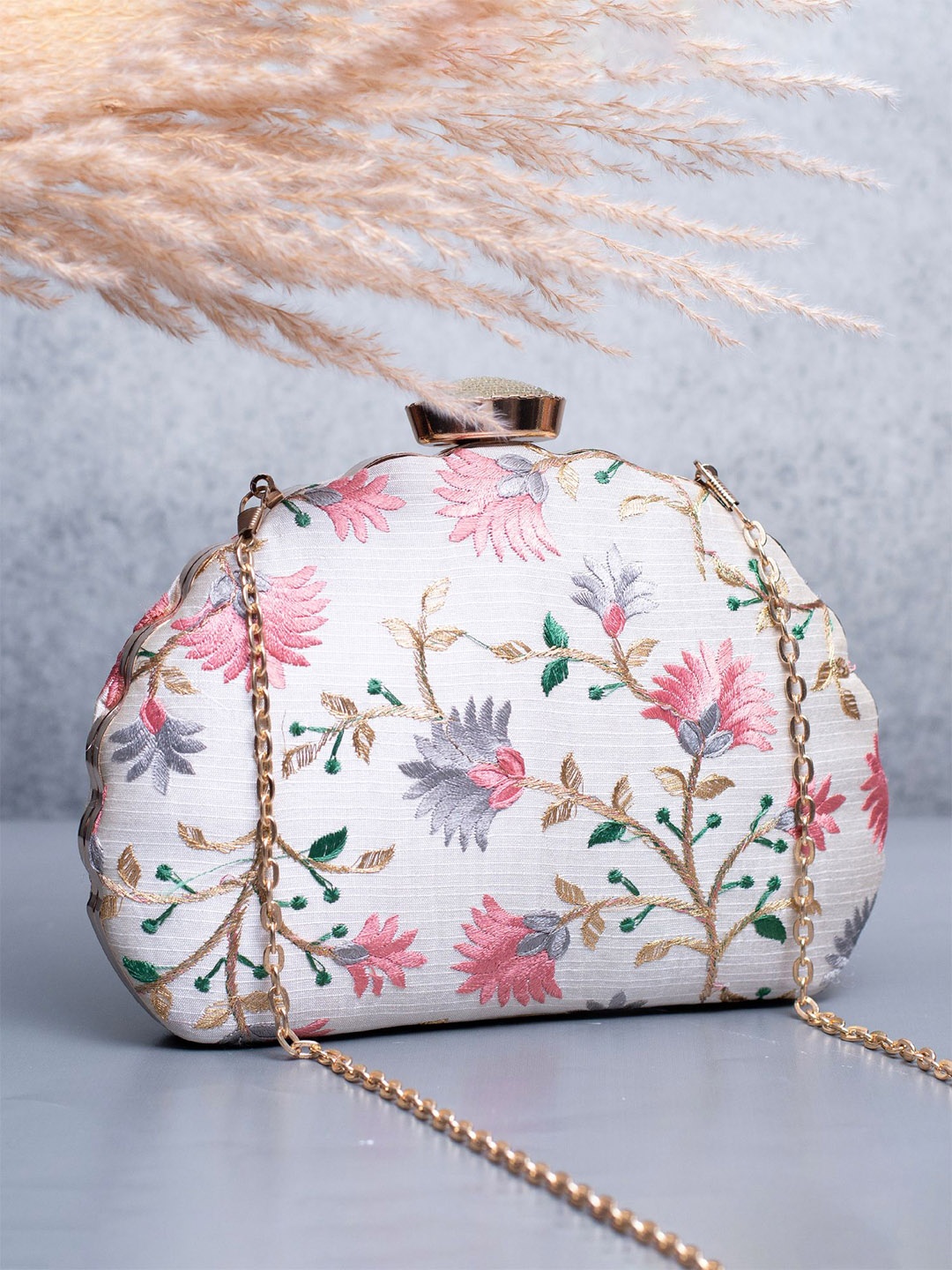 

ARTKLIM Floral Embroidered Box Clutch, White