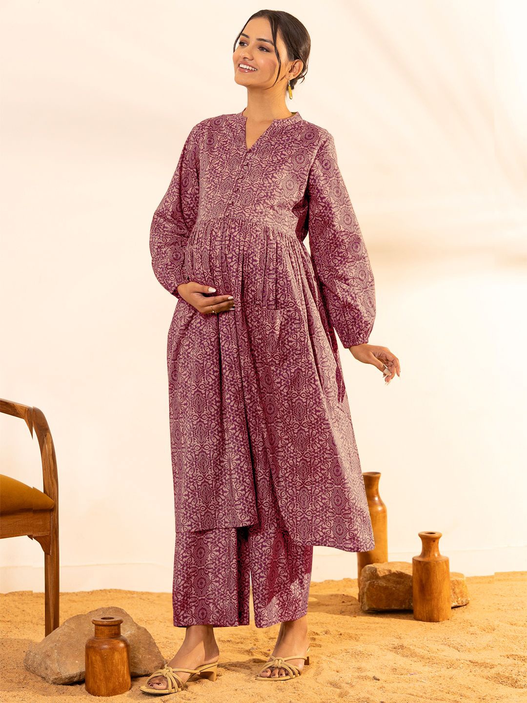 

Janasya Ethnic Motifs Printed Pure Cotton A Line Maternity Kurta with Trousers, Magenta