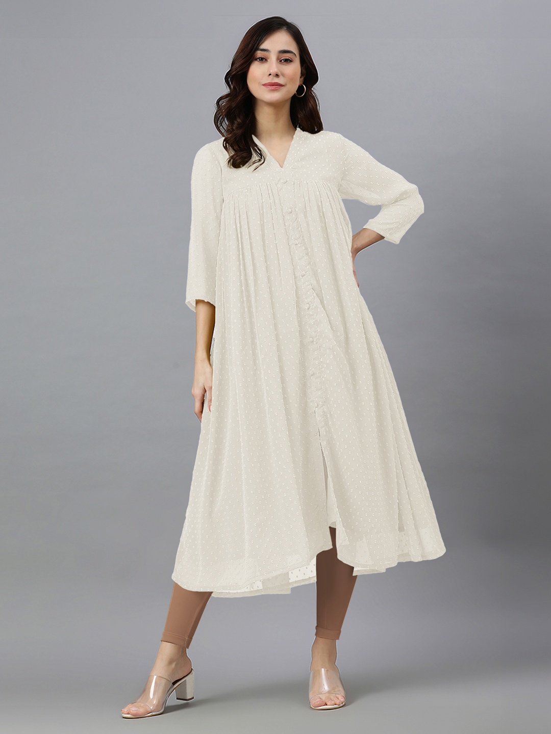 

Janasya Dobby Self Design Empire Styled A-Line Chiffon Kurta, Off white