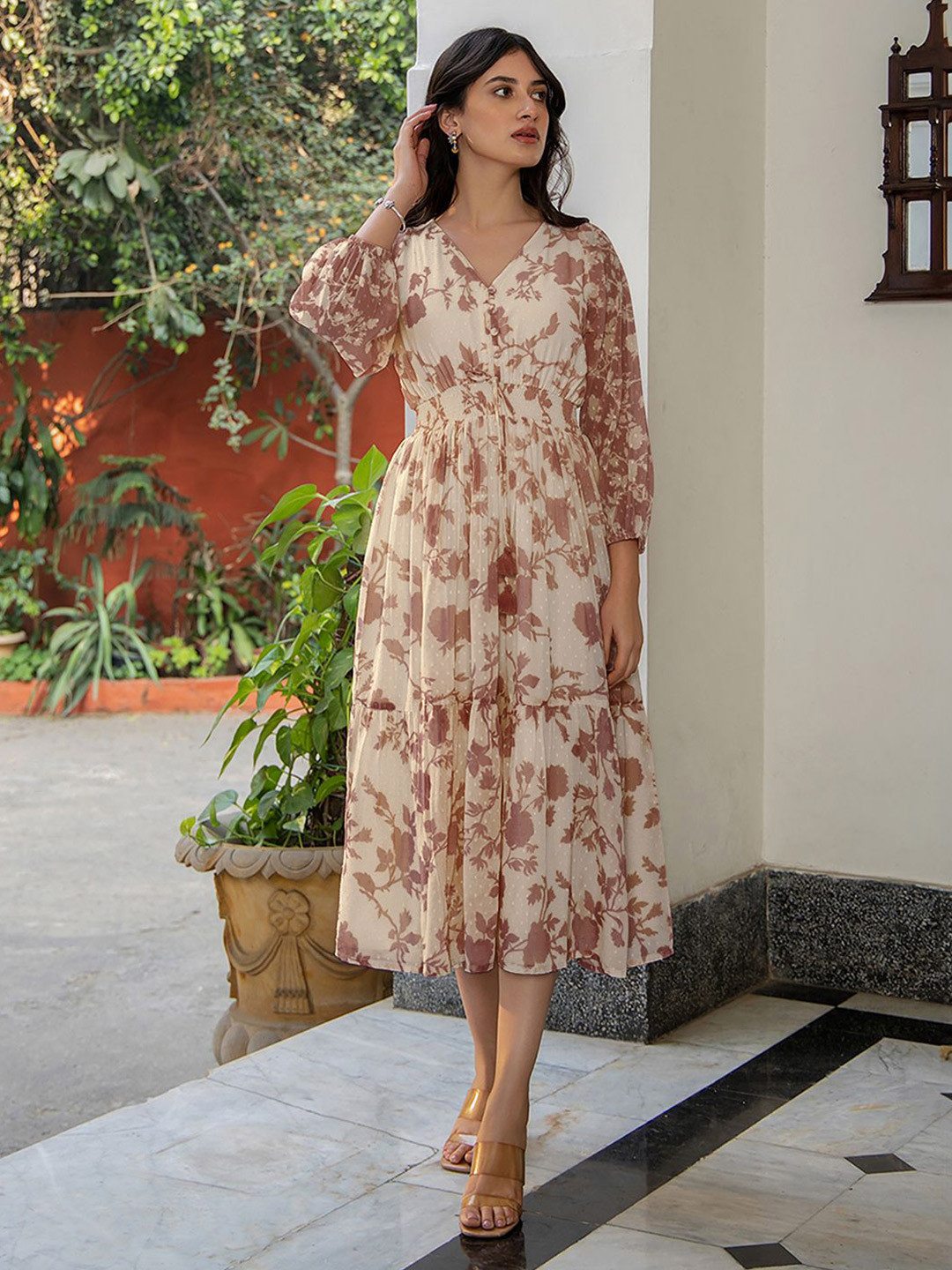 

Janasya Women Floral Print Puff Sleeves Dobby Georgette Fit & Flare Midi Dress, Brown