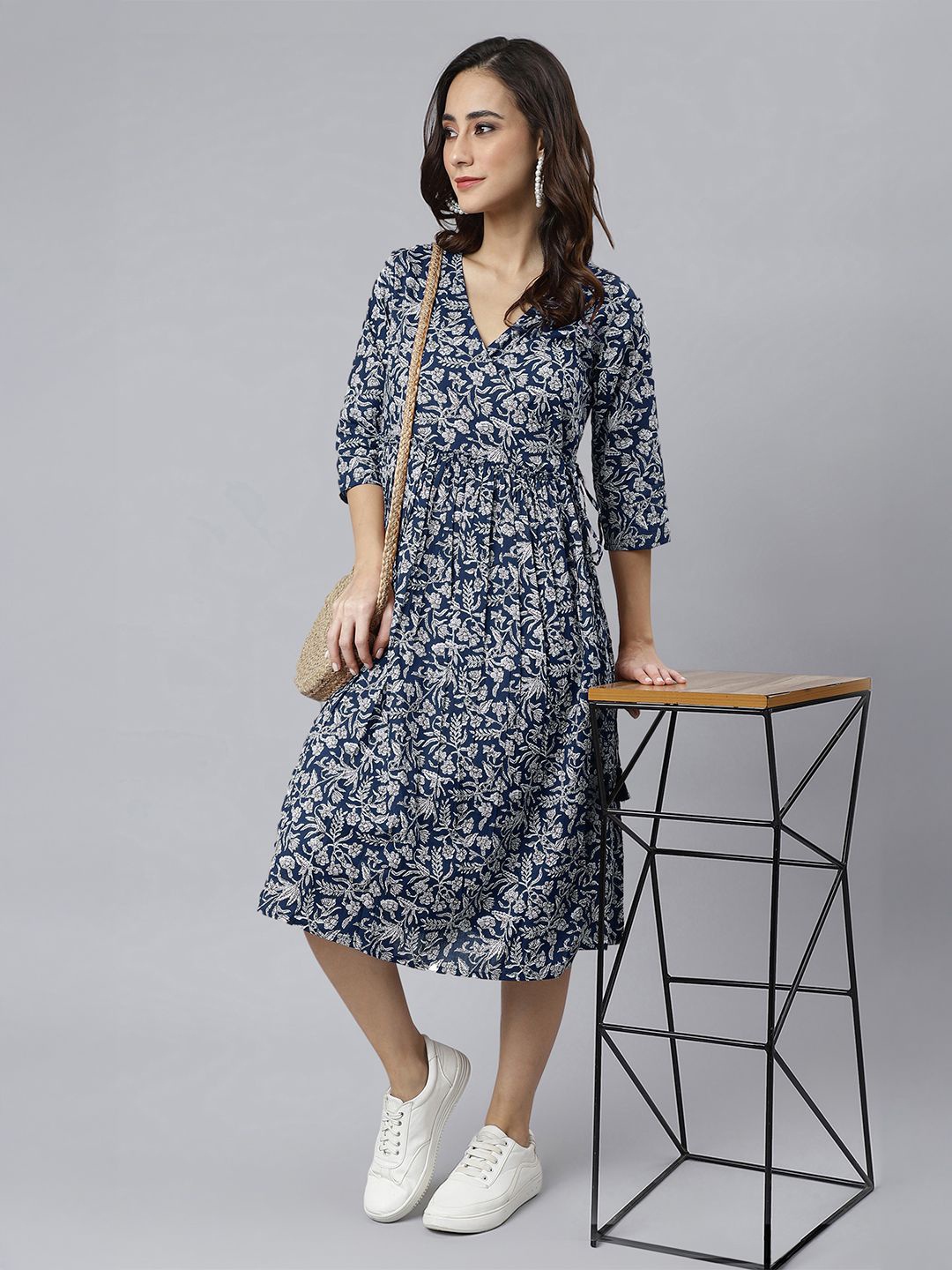 

Janasya Women Indigo Pure Cotton Floral Printed Angrakha Dress, Blue