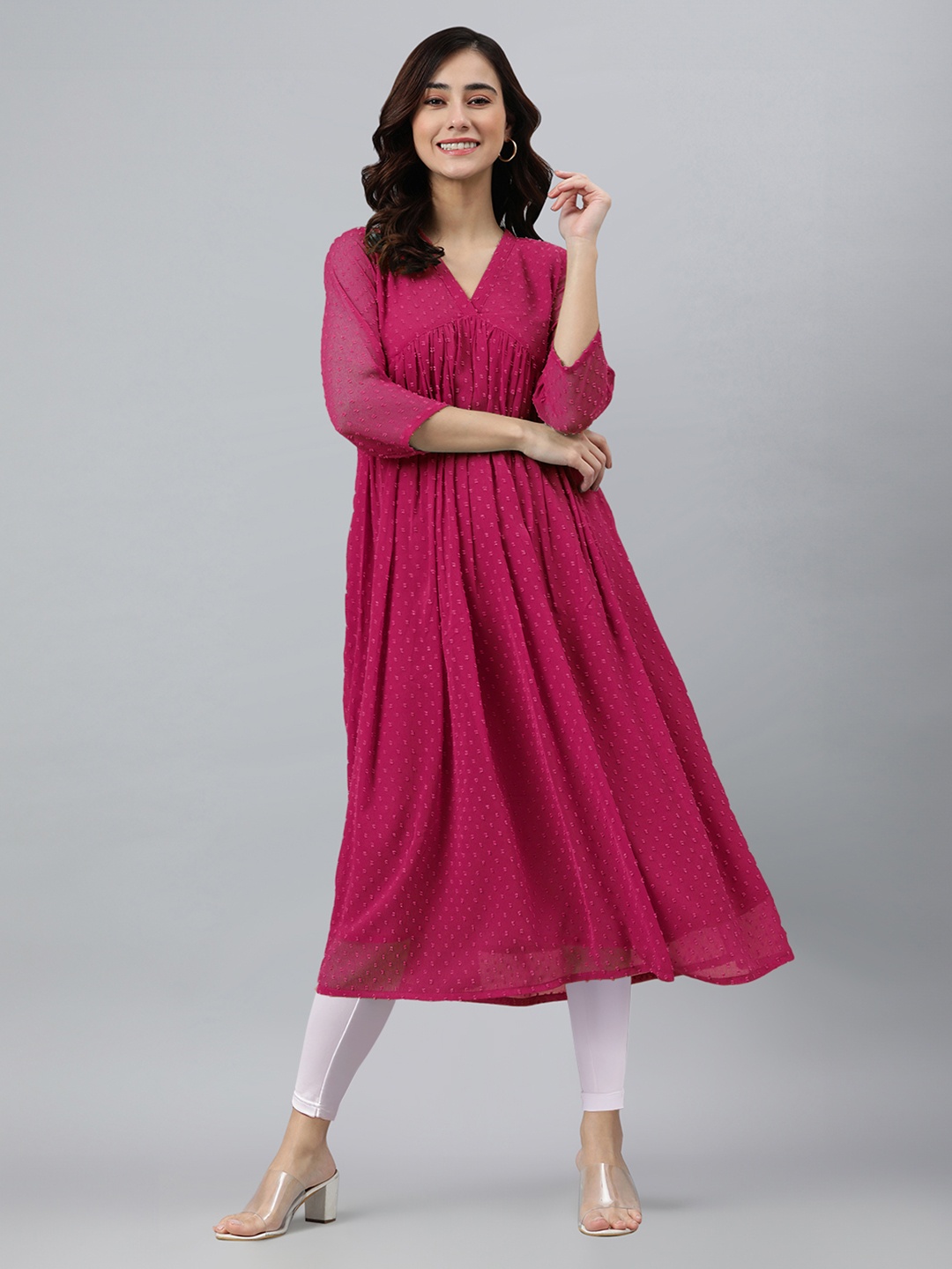 

Janasya Dobby Self Design Empire Styled A-Line Chiffon Kurta, Pink