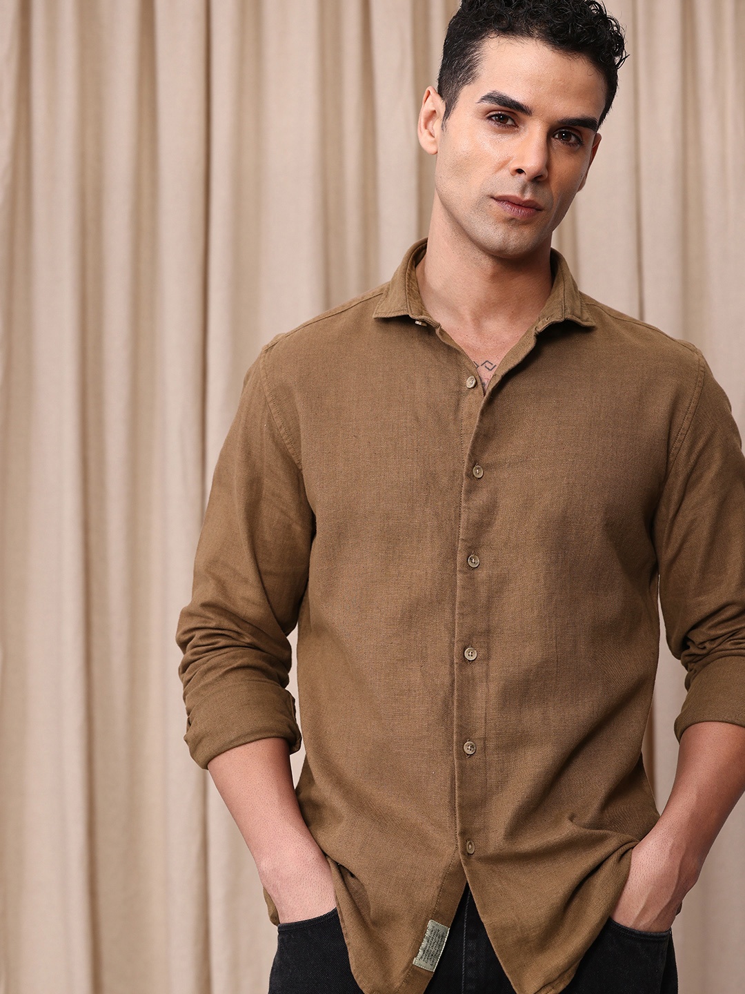 

Mr Bowerbird Tailored Fit Cotton Linen Casual Shirt, Brown