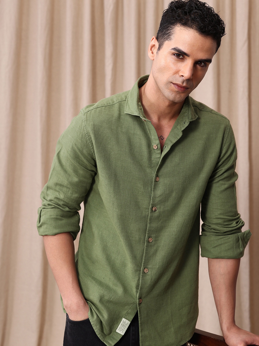 

Mr Bowerbird Tailored Fit Cotton Linen Casual Shirt, Green