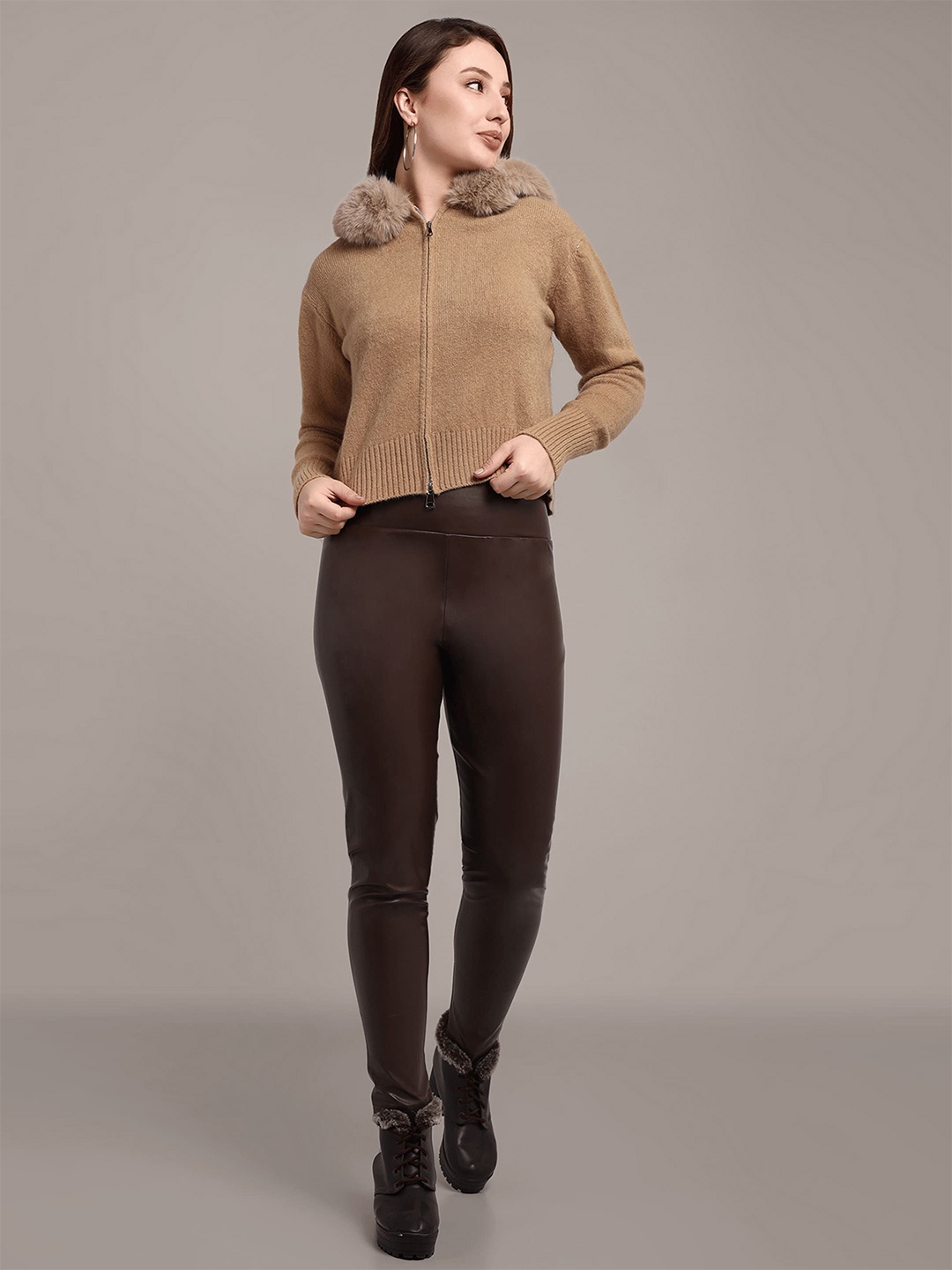 

iki chic Women Ribbed Furry Collar Woollen Cardigan, Brown
