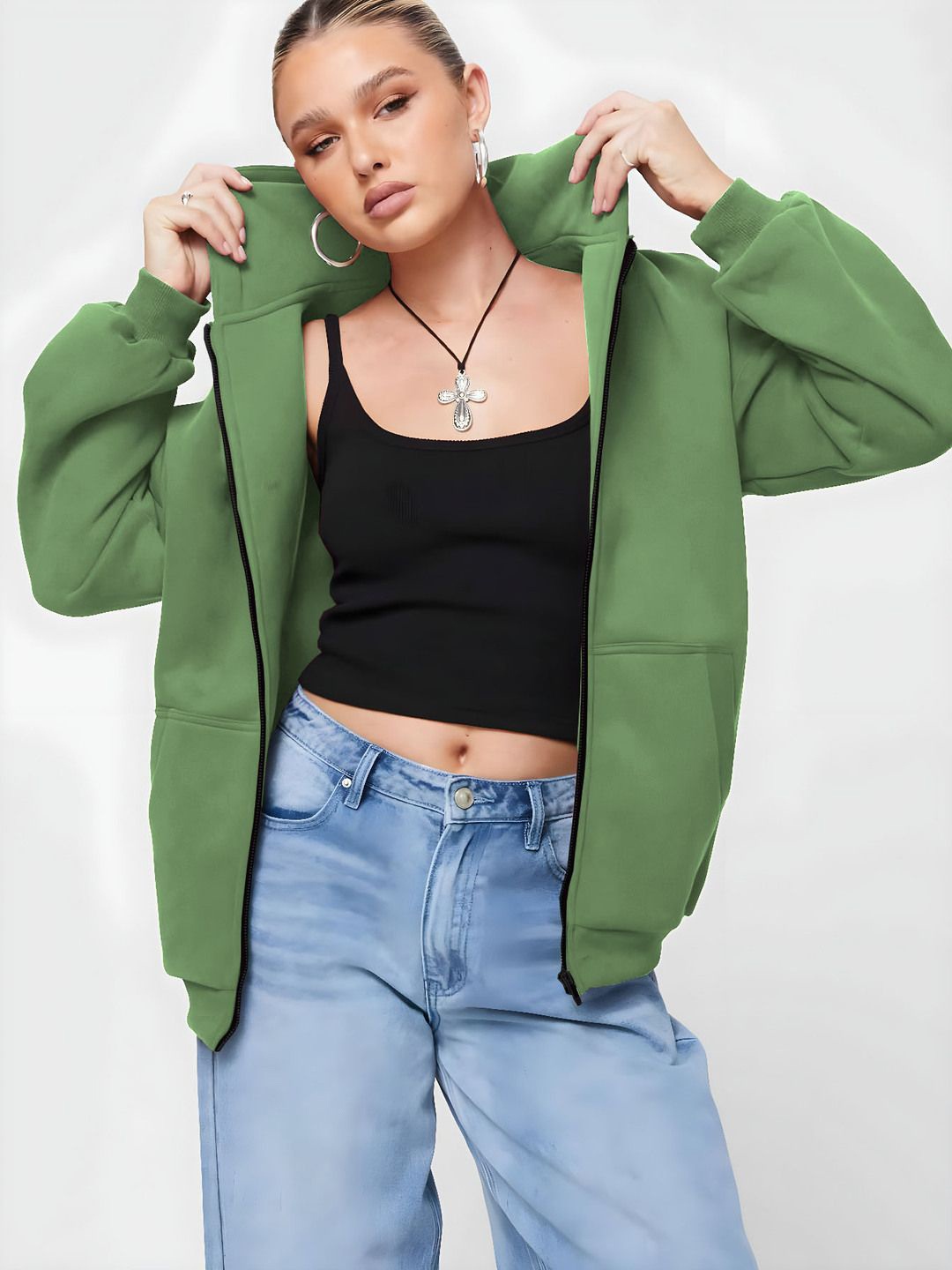 

kintu parantu Women Hooded Solid Fleece Casual Bomber Jacket, Olive