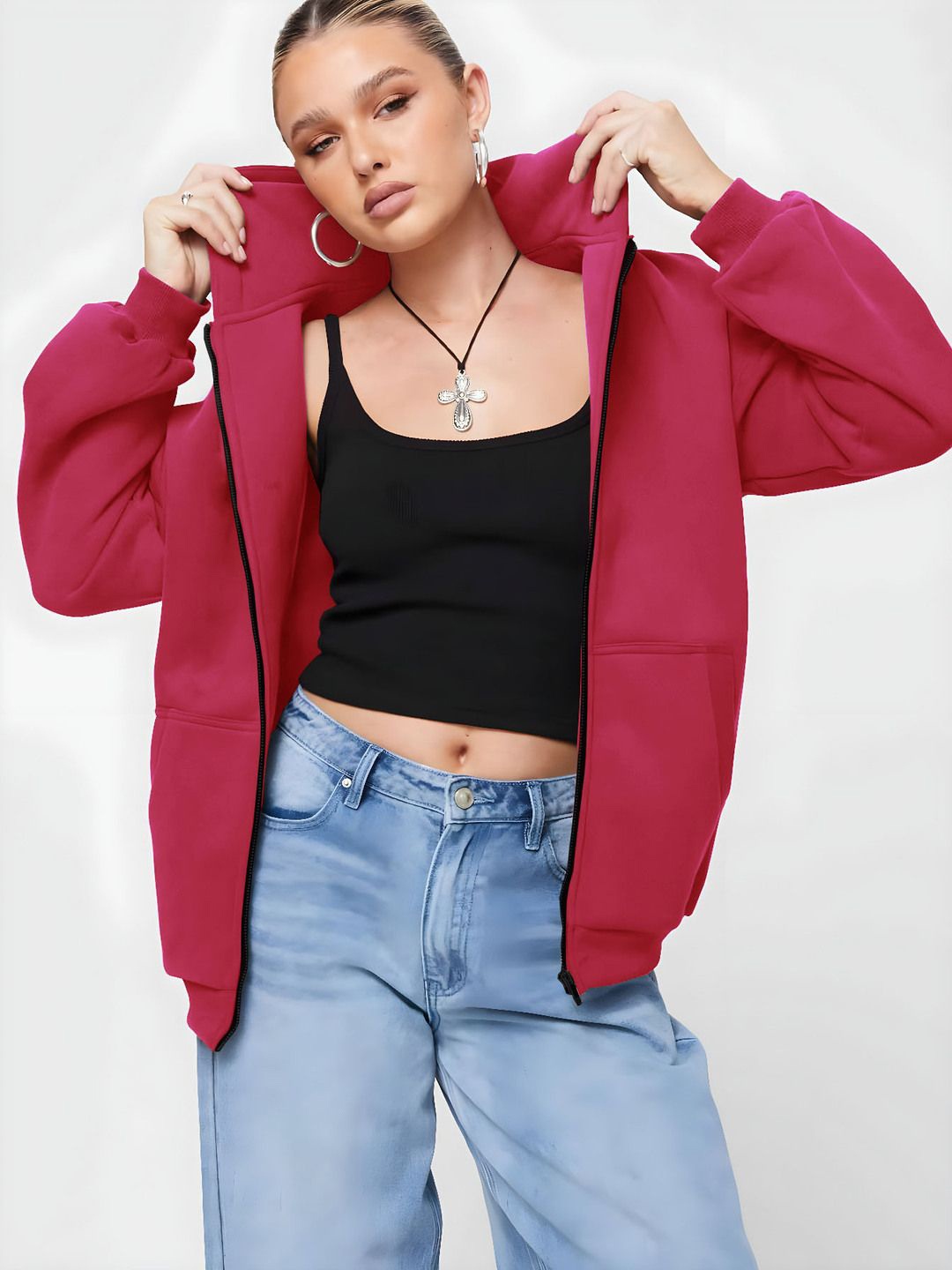 

kintu parantu Women Hooded Solid Fleece Casual Bomber Jacket, Pink