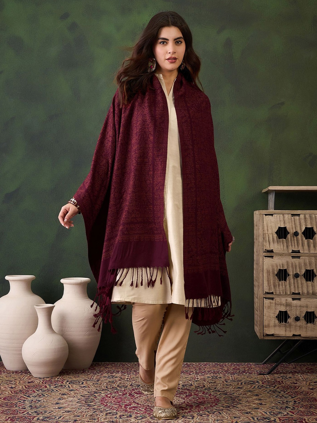 

Sangria Women Woven Design Fringed Stole, Coffee brown