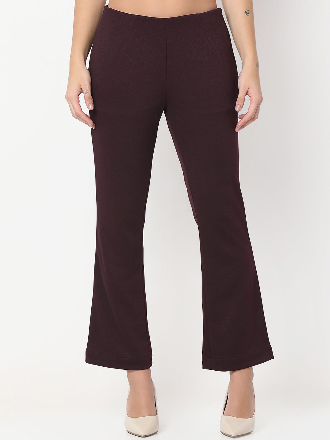 

NOT SO PINK Women Smart Regular Fit Mid-Rise Trousers, Burgundy