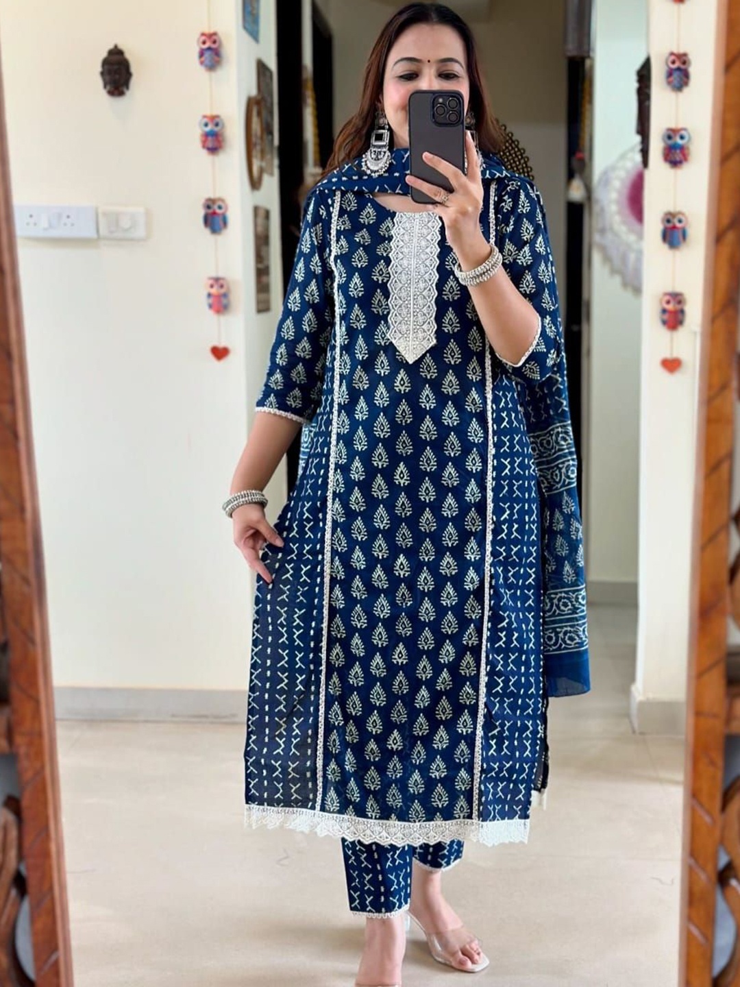 

ORUVAN Ethnic Motifs Printed Thread Work Pure Cotton Kurta with Trouser & Dupatta, Blue