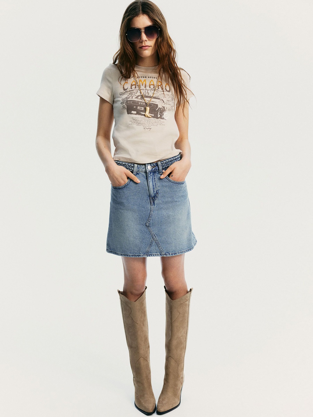 

H&M Braided-Detail Denim Skirt, Blue