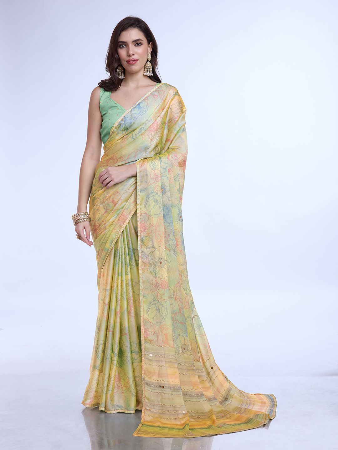 

Ishin Floral Festive Wear Saree With Blouse Piece, Sea green
