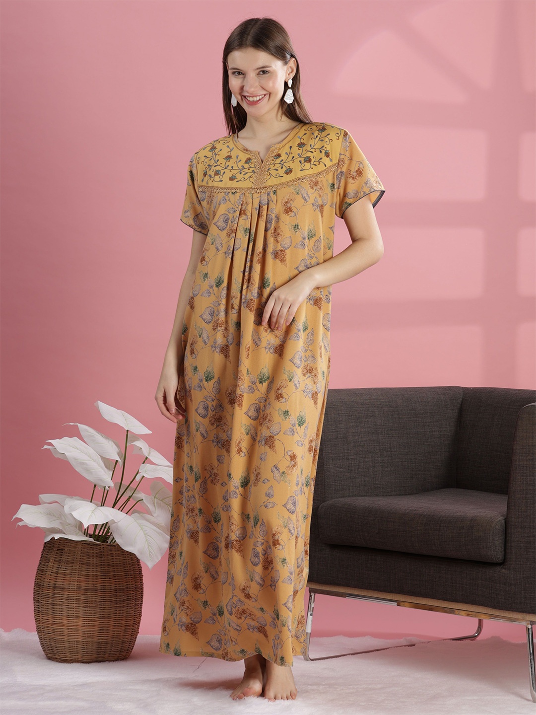 

9shines Label Women Embroidered Maxi Nightdress, Mustard