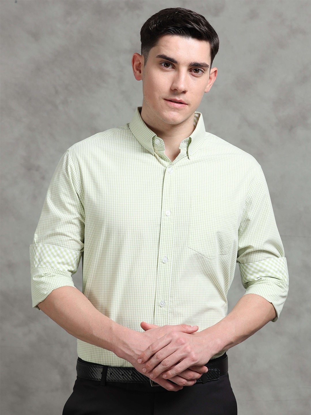 

THE FORMAL CLUB Men Premium Button-Down Collar Micro Checked Cotton Formal Shirt, Green