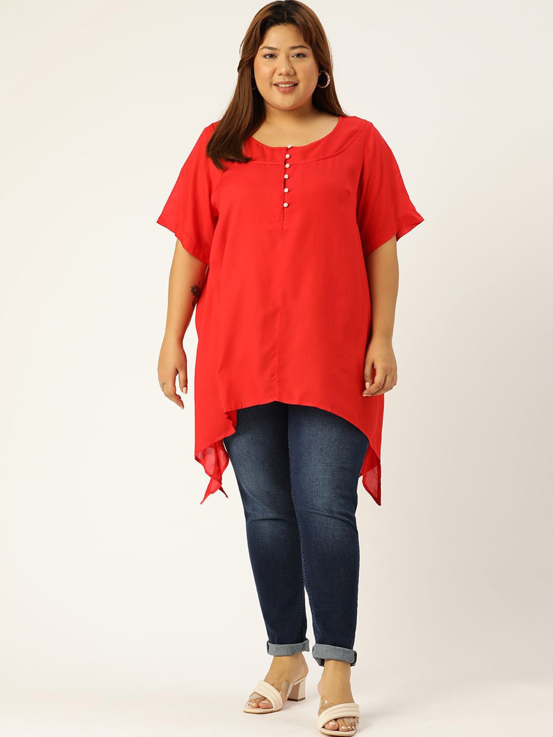 

theRebelinme Plus Size Round Neck Longline Top, Red