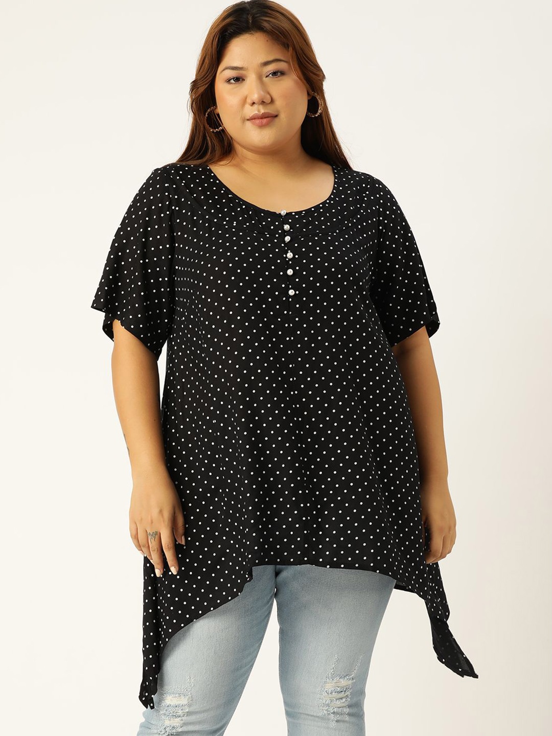 

theRebelinme Women Polka Dot Print Longline Top, Black